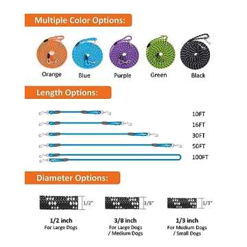 Long Dog Leash for Dog Training 10FT/16FT/30FT/50FT/100FT, Reflective Threads Check Cord Dog Leash, Heavy Duty Dog Lead for Large Medium Small Dogs Outside Walking, Playing, Camping, or Yard