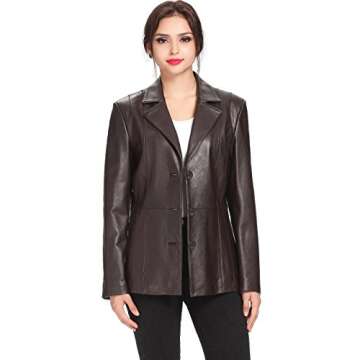 BGSD Women Crystal Lambskin Leather Blazer Jacket (Also available in Plus Size & Petite), Brown, Medium
