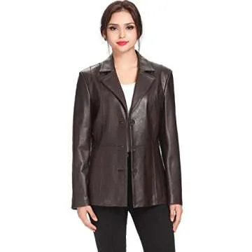 BGSD Women Crystal Lambskin Leather Blazer Jacket (Also available in Plus Size & Petite), Brown, Medium