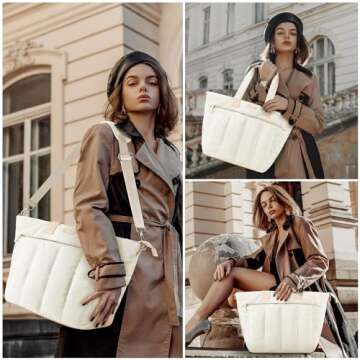 LYAUK Tote Bag with Women, Puffer Tote Bag with Laptop Compartment, Laptop Tote Bag for Women with Zipper, Large Tote Bag Purse Shoulder Bag for Travel Work Gym Overnights Weekend Trips, Beige