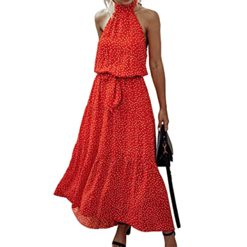 PRETTYGARDEN Women's Casual Halter Neck Sleeveless Floral Long Maxi Dress Backless Loose Ruffle Sund...