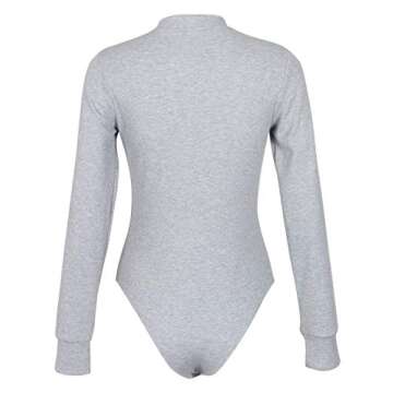 GEMBERA Womens Long Sleeves Button Down Sexy V Neck Ribbed Bodycon Bodysuit Top Grey S