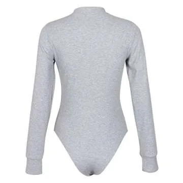 GEMBERA Womens Long Sleeves Button Down Sexy V Neck Ribbed Bodycon Bodysuit Top Grey S