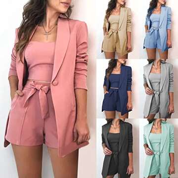 NRTHYE Women Blazers Set 3 Piece Long Sleeve Button Jacket + Tops + Shorts Belted Outfits Casual Suits