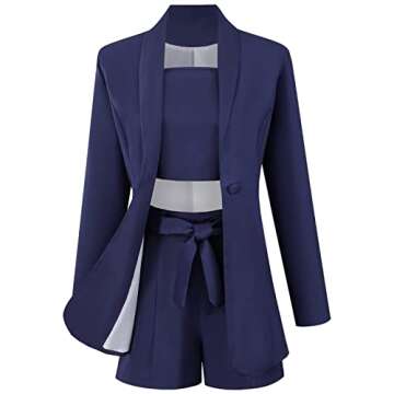 NRTHYE Women Blazers Set 3 Piece Long Sleeve Button Jacket + Tops + Shorts Belted Outfits Casual Suits