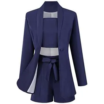 NRTHYE Women Blazers Set 3 Piece Long Sleeve Button Jacket + Tops + Shorts Belted Outfits Casual Suits