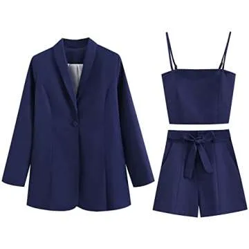 NRTHYE Women Blazers Set 3 Piece Long Sleeve Button Jacket + Tops + Shorts Belted Outfits Casual Suits