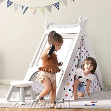 Merax Foldable Triangle Climber, 4-in-1 Kids Hideaway Play Tent with Art Easel, Stool for Toddlers, Climbing Triangle Crawling Tunnel Toy Activity Play Set (White)
