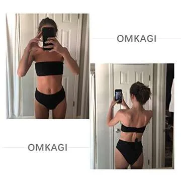 OMKAGI Women's 2 Pieces Bandeau Bikini Swimsuits Off Shoulder High Waist Bathing Suit High Cut(X-Large,Black)