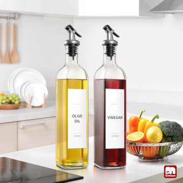 GMISUN Olive Oil and Vinegar Dispenser Bottle Set, 2Pack Oil and Vinegar Dispenser Bottle, 17oz Kitchen Oil Dispenser, Glass Cooking Oil Dispenser, Clear Glass Bottles for Oil with Funnel and Labels