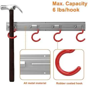 WALMANN All Metal 64 Inch Wall Mount Garden Tool Organizer for Garage, Mop and Broom Holder, Yard Tool Storage Rack for Rake, Shovel, Spade, Mop, Broom, Wall Mount Storage Organizer(4 Rails, 16 Hooks)