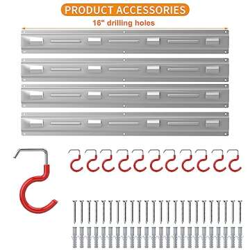 WALMANN All Metal 64 Inch Wall Mount Garden Tool Organizer for Garage, Mop and Broom Holder, Yard Tool Storage Rack for Rake, Shovel, Spade, Mop, Broom, Wall Mount Storage Organizer(4 Rails, 16 Hooks)
