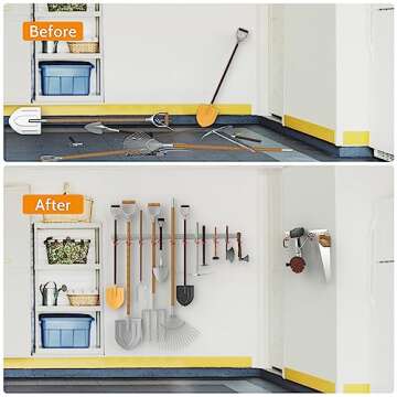 WALMANN All Metal 64 Inch Wall Mount Garden Tool Organizer for Garage, Mop and Broom Holder, Yard Tool Storage Rack for Rake, Shovel, Spade, Mop, Broom, Wall Mount Storage Organizer(4 Rails, 16 Hooks)