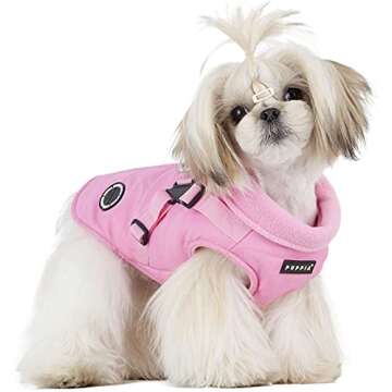 Puppia Mountaineer Winter Dog Coat with integrated harness No Pull Cold Weather Waterproof Warm Fleece Back Zipper for Small & Medium Dog, PINK, Small