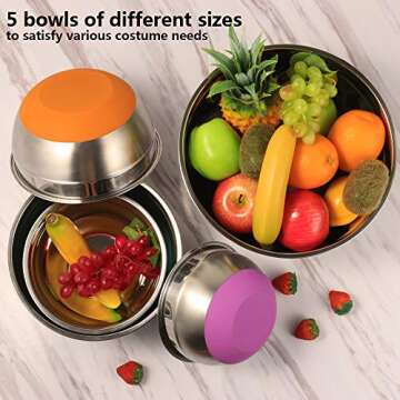 REGILLER Stainless Steel Mixing Bowls (Set of 5), Non Slip Colorful Silicone Bottom Nesting Storage Bowls, Polished Mirror Finish For Healthy Meal Mixing and Prepping 1.5-2 - 2.5-3.5 - 7QT (Colorful)