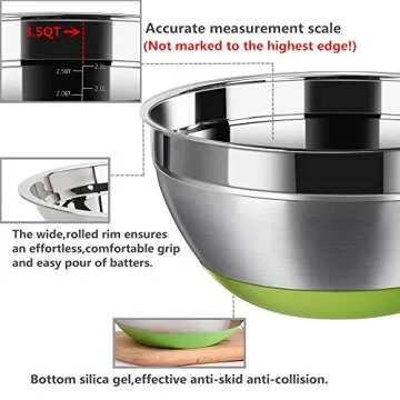 REGILLER Stainless Steel Mixing Bowls (Set of 5), Non Slip Colorful Silicone Bottom Nesting Storage Bowls, Polished Mirror Finish For Healthy Meal Mixing and Prepping 1.5-2 - 2.5-3.5 - 7QT (Colorful)