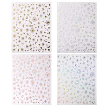 8Sheets Gold Star Heart Moon Nail Stickers,3D Silver Stars Hearts Nail Art Stickers Rose Gold Laser ...