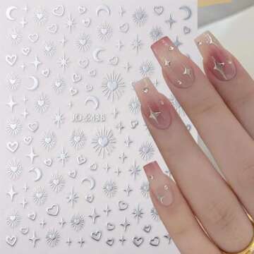 8Sheets Gold Star Heart Moon Nail Stickers,3D Silver Stars Hearts Nail Art Stickers Rose Gold Laser Silver Metallic Hollow Heart Moon Star Nail Decals for Women Nail Decor Nail Design Nail Accessories