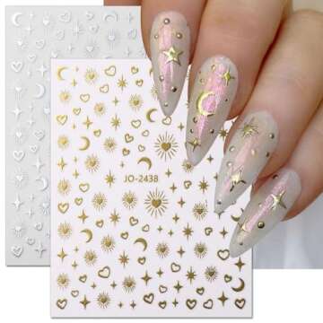 8Sheets Gold Star Heart Moon Nail Stickers,3D Silver Stars Hearts Nail Art Stickers Rose Gold Laser Silver Metallic Hollow Heart Moon Star Nail Decals for Women Nail Decor Nail Design Nail Accessories
