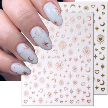 8Sheets Gold Star Heart Moon Nail Stickers,3D Silver Stars Hearts Nail Art Stickers Rose Gold Laser Silver Metallic Hollow Heart Moon Star Nail Decals for Women Nail Decor Nail Design Nail Accessories
