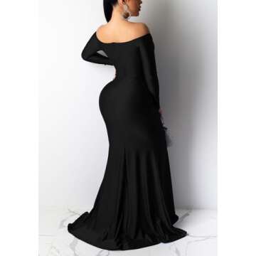 Vakkest Formal Long Sleeve Evening Dress Solid Color Prom Gown Front Split Wedding Party Maxi Dress
