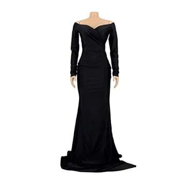 Vakkest Formal Long Sleeve Evening Dress Solid Color Prom Gown Front Split Wedding Party Maxi Dress