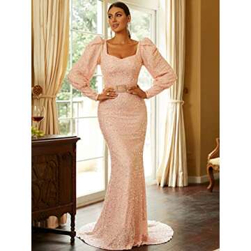 Lin Lin Q Women’s Elegant Sequin Long Sleeve Mermaid Prom Maxi Dress, Formal Rhinestone Evening Go...