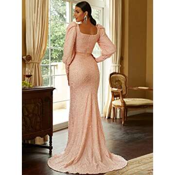Lin Lin Q Women’s Elegant Sequin Long Sleeve Mermaid Prom Maxi Dress, Formal Rhinestone Evening Gowns with Belt Pink