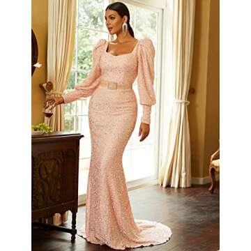 Lin Lin Q Women’s Elegant Sequin Long Sleeve Mermaid Prom Maxi Dress, Formal Rhinestone Evening Gowns with Belt Pink