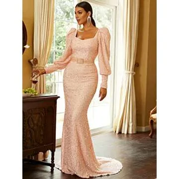 Lin Lin Q Women’s Elegant Sequin Long Sleeve Mermaid Prom Maxi Dress, Formal Rhinestone Evening Gowns with Belt Pink