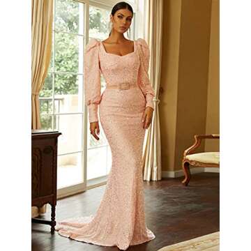 Lin Lin Q Women’s Elegant Sequin Long Sleeve Mermaid Prom Maxi Dress, Formal Rhinestone Evening Gowns with Belt Pink