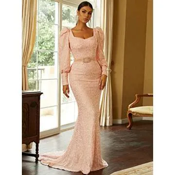Lin Lin Q Women’s Elegant Sequin Long Sleeve Mermaid Prom Maxi Dress, Formal Rhinestone Evening Gowns with Belt Pink