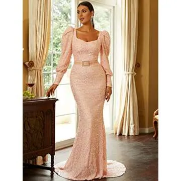 Lin Lin Q Women’s Elegant Sequin Long Sleeve Mermaid Prom Maxi Dress, Formal Rhinestone Evening Gowns with Belt Pink