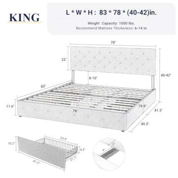 Allewie King Size Platform Bed Frame with 4 Storage Drawers and Headboard/Upholstered Diamond Stitch...