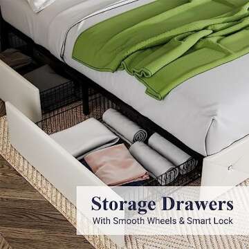 Allewie King Size Platform Bed Frame with 4 Storage Drawers and Headboard/Upholstered Diamond Stitched Button Tufted/Wooden Slats Support/Mattress Foundation/No Box Spring Needed/White