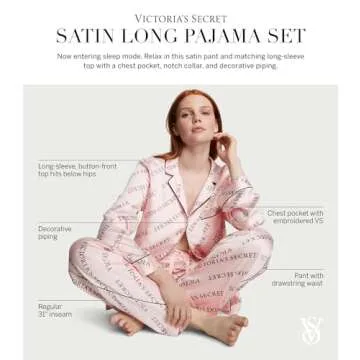 Victoria's Secret Satin Long Pajama Set, Silk Pajamas, PJ Set for Women, 2 Piece Lounge Set Silk PJs, Women's Sleepwear, Pink (XS)