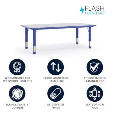 Flash Furniture Wren Adjustable Classroom Activity Table for School and Home, Plastic Activity Table for Kids, 23.625" W x 47.25" L, Gray/Blue