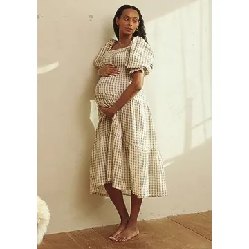 Stylish Gingham Maternity Nursing Dress for Baby Showers