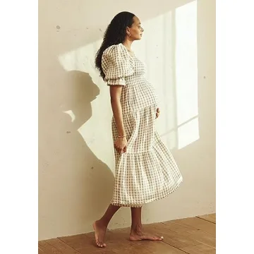 Stylish Gingham Maternity Nursing Dress for Baby Showers