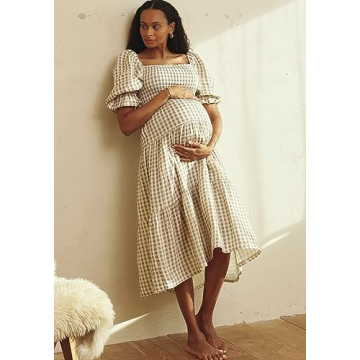 Stylish Gingham Maternity Nursing Dress for Baby Showers