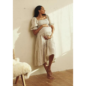 Stylish Gingham Maternity Nursing Dress for Baby Showers