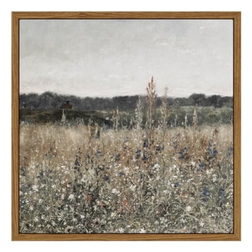 InSimSea Square Framed Canvas Wall Art, Home Decor Vintage Scenery Field Meadow Flowers Oil Painting...