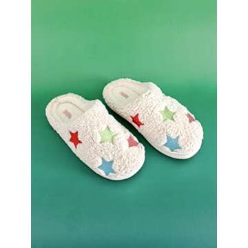 ban.do Fuzzy Slippers with Rubber Sole, House Shoes for Women, Indoor Outdoor Cozy Slippers, Cute Fluffy Shoes Fit Women's Sizes 6-8, Stars