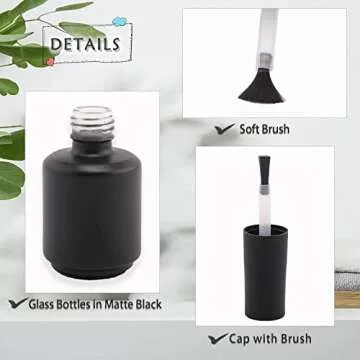 Empty Gel Nail Polish Bottles, 15ML Empty Nail Polish Bottles with Brush Matte Black, Opaque Round Refillable Fingernail Polish Bottles UV Safe with Mixing Balls & Funnels, Pack of 6 (Matte Black)