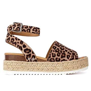 J. Adams Blair Espadrille Sandal - Straw Platform Open Toe Ankle Strap Sandals - Cheetah Vegan Nubuck - 7.5