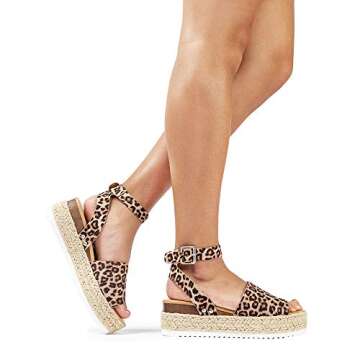 J. Adams Blair Espadrille Sandal - Straw Platform Open Toe Ankle Strap Sandals - Cheetah Vegan Nubuck - 7.5