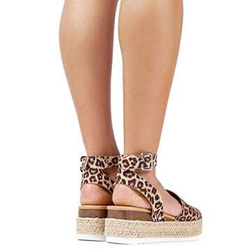 J. Adams Blair Espadrille Sandal - Straw Platform Open Toe Ankle Strap Sandals - Cheetah Vegan Nubuck - 7.5