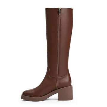Modatope Brown Platform Boots Chunky Heel Knee High Boots for Women Square Toe Women High Heel Boots...