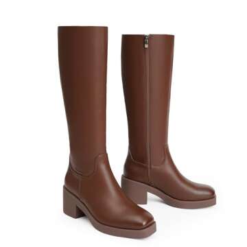 Modatope Brown Platform Boots Chunky Heel Knee High Boots for Women Square Toe Women High Heel Boots Fall Block Heel Side Zipper Boots Size 8