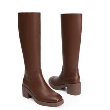 Modatope Brown Platform Boots Chunky Heel Knee High Boots for Women Square Toe Women High Heel Boots Fall Block Heel Side Zipper Boots Size 8